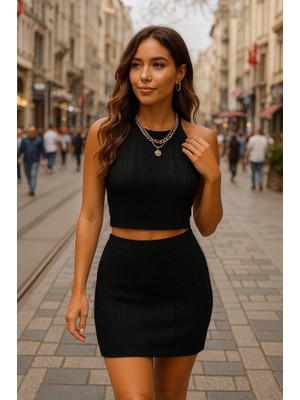 Kadın Sıfır Kol Crop Mini Etek Ikili Triko Takım