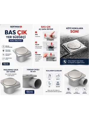 Mesa Bas Çık Yer Süzgeci 50 mm Yandan Çıkışlı Koku Önleyici Paslanmaz Çelik Kapaklı Banyo Duş Gider Süzgeci Aç Kapa Sistem ,