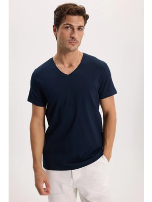 Tudors Erkek Slim Fit Dar Kesim Pamuklu Yumuşak Dokulu Likralı Esnek Kumaş Düz Basic Lacivert V Yaka Tişört