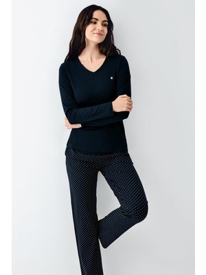 Pierre Cardin Premium Kadın Modal Pamuklu Puantiyeli V Yaka Uzun Kollu Pijama Takımı