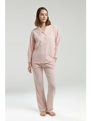 Pierre Cardin Premium Kadın Pamuklu Modal Kumaş Çizgili Önden Düğmeli Uzun Kollu Kutulu Pijama Takım