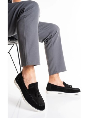 Fame Step Hakiki Deri Erkek Siyah Loafer Ayakkabı Süet Günlük Rahat Casual Mokasen Püsküllü Siena