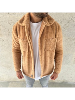 Erkek Pelüş Polar Hırka Gömlek – Yakalı, Ilik Düğmeli, Göğüs Cepli, Yumuşak Dokulu Kışlık Regular Fit Rahat Günlük Model - Açık Kahve