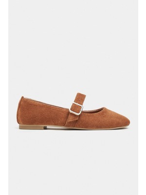 Nişantaşı Shoes Berlin Taba Süet Iç-Dış Deri Orta Bantlı Tokalı Düz Kadın Babet Ayakkabı