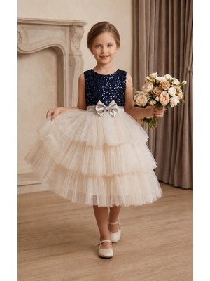 Deep Look Kids Wear Lacivert Payetli Kat Kat Tül Etekli Kız Çocuk Abiye