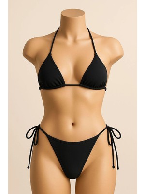 İyisi Var Kadın Siyah Yandan ve Boyundan Bağlamalı Bikini Mayo Takımı