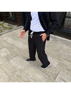 Erkek Fitilli Kadife Cepli Buggy Pantolon Oversize Rahat Kalıp - Siyah
