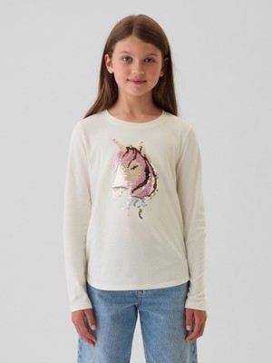 Gap Kız Çocuk Kırık Beyaz Flippy Pullu T-Shirt