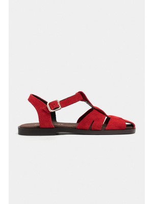 Nişantaşı Shoes Bird Kırmızı Süet Hakiki Deri Toka Detay Düz Taban Kadın Sandalet
