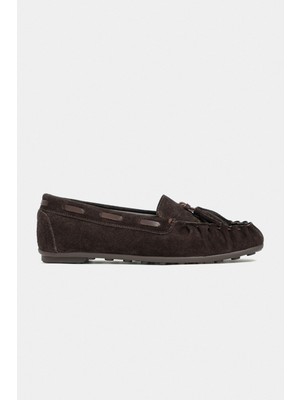 Nişantaşı Shoes Beky Kahve Süet Hakiki Deri Püskül Detaylı Düz Taban Kadın Loafer Ayakkabı