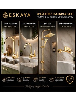 Eshome Kca Gold Altın Kare Robot Duş Seti, Banyo, Mutfak Eviye ve Lavabo Bataryası Musluğu 4'lü Set