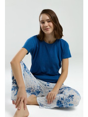 Pierre Cardin Kadın Saks Bisiklet Yaka Kısa Kol Desenli Pijama Takım