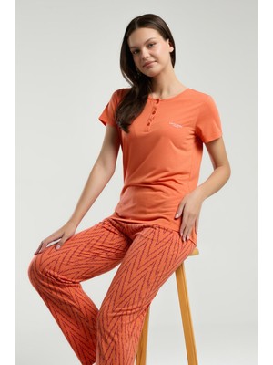 Pierre Cardin Kadın Turuncu Yaka Düğmeli Kısa Kol Desenli Pijama Takım