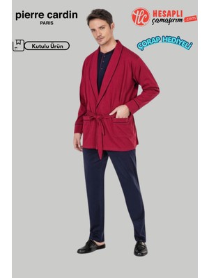 Pierre Cardin Premium Robdöşambırlı Pamuk Uzun Kollu Pijama Atlet Boxer Çorap Kutulu Damat Çeyiz Set
