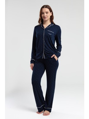 Pierre Cardin 8986 Kadın Lacivert Gömlek Yaka Önden Düğmeli Cepli Pijama Takım