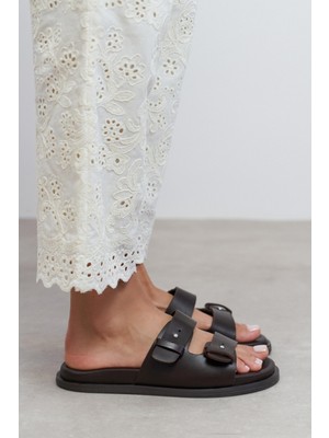 Nişantaşı Shoes Cute Kahve Rustik Çift Bantlı Düz Taban Kadın Terlik