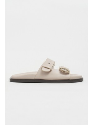 Nişantaşı Shoes Cute Bej Rustik Çift Bantlı Düz Taban Kadın Terlik