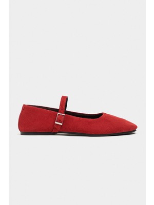Nişantaşı Shoes Mono Kırmızı Süet Hakiki Deri Toka Detay Düz Taban Kadın Babet