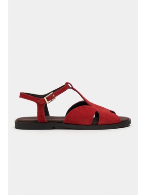 Nişantaşı Shoes Dessas Kırmızı Süet Hakiki Deri Toka Detay Düz Taban Burnu Açık Kadın Sandalet