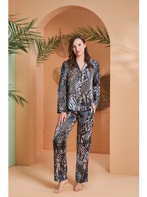 Pjs Gd Goldoremi Premium Seri Kadın Özel Kutulu Rahat Kesim Saten Önden Düğmeli Uzun Kollu Pijama Takım