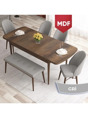 Canisa Elf Serisi MDF 80X132 Açılabilir Barok Ahşap Desen Mutfak Masa Takımı 4 Sandalye 1 Bench Gold Halkalı