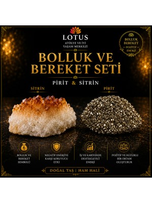 Lotus Atölye ve İyi Yaşam Merkezi 💰 Bolluk ve Bereket Doğal Taş Seti – Pirit Ham Taşı & Sitrin Kristal Kümesi
