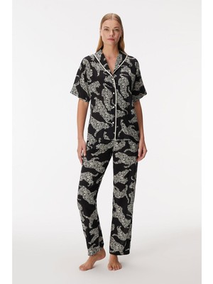 Anıl Zebra Kadın Kısa Kollu Önden Düğmeli Gömlek Pijama Takım