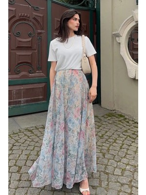 Madmext Ekru Çiçek Desenli Vintage Şifon Maxi Etek MG2776