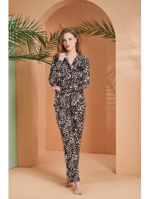 Pjs Gd Goldoremi Premium Seri Kadın Leopar Desenli Rahat Desenli Önden Düğmeli Uzun Kollu Pijama Takım