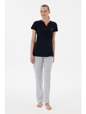 U.S. Polo Assn. Kadın V Yaka Yarım Kollu Patlı Çizgili Pijama Takım