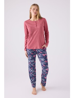 Pierre Cardin Paris 8903 Kadın Çiçek Desen Yaka Düğmeli Uzun Kol Pijama Takım