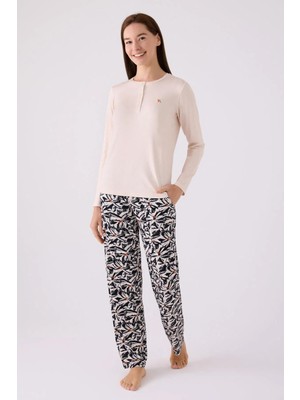 Arnetta 3113 Kadın Desenli Düğmeli Uzun Kollu Pijama Takımı