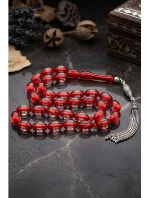 Prestige Gümüş Surmeli Sıkma Kehribar Taşlı Arpa Kesim Tesbih 925 Ayar Gümüş Püsküllü 12*8 mm 902774
