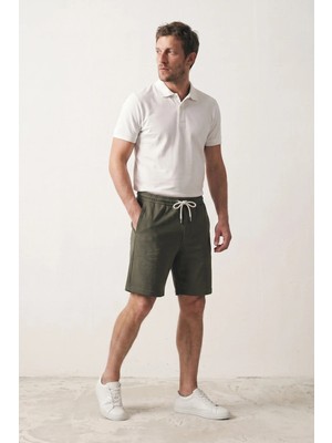 elemge Haki Dokulu Kumaş Rahat Kalıp Beli İpli Erkek Şort Günlük Basic Regular Fit Cepli Normal Bel Esnek Bermuda İnce Soft Touch