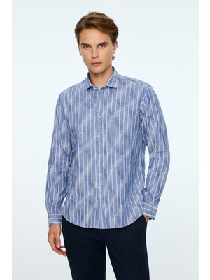 Morven  Erkek Lacivert Keten Trend Çizgili Dynamic Fit Gömlek