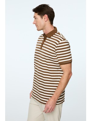 Morven  Erkek Açık Kahve Trend Balık Sırtı Çizgili Polo Yaka Dinamik Fit Tshirt