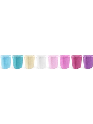Kirli Çamaşır Sepeti Kapaklı 65 Lt Örgü Desenli Plastik Çamaşır Sepeti Banyo Sepeti - Mavi