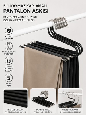 5'li Kaymaz Kaplamalı Pantolon Askısı | Paslanmaz Metal Dolap Düzenleyici Pantolon, Eşarp, Şal ve Havlu Askısı