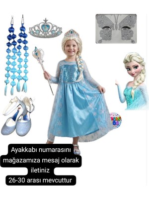Bemora Kids Elsa Kostüm Elbise + Mavi Babble Saç + Taç + Asa + Yüz Taşı + Elsa Mavi Topuklu Ayakkabı Seti Doğum Günü Parti Kız Çocuk Elbise
