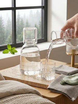 Evbiente Borosilicat Cam Başucu Sürahisi Bardak Kapaklı Set