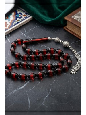 Prestige Gümüş Surmeli Sıkma Kehribar Taşlı Arpa Kesim Tesbih 925 Ayar Gümüş Püsküllü 12*8 mm 902775