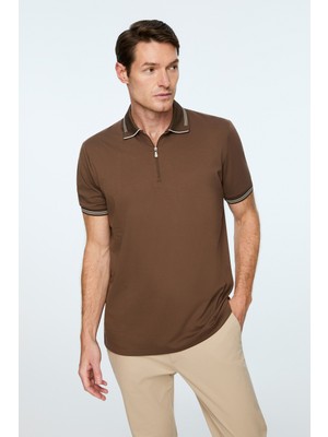Morven  Erkek Açık Kahve Trend Jakarlı Polo Yaka Dinamik Fit Tshirt