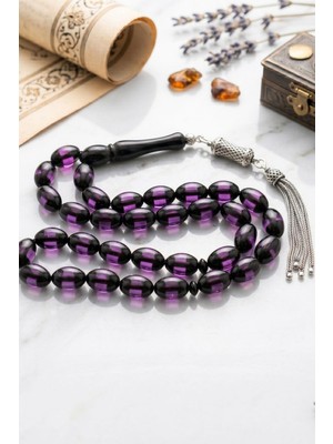 Prestige Gümüş Surmeli Sıkma Kehribar Taşlı Arpa Kesim Tesbih 925 Ayar Gümüş Püsküllü 12*8 mm 902779