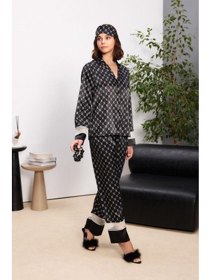Pierre Cardin Kadın Saten Önden Düğmeli Uzun Kollu Göz Bandı ve Toka Hediyeli Pijama Takım
