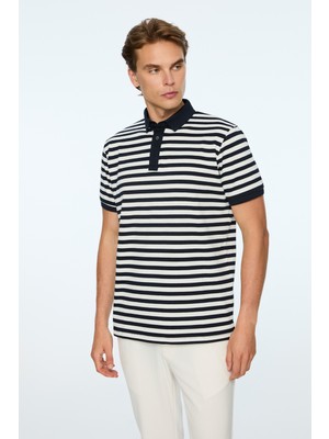 Morven  Erkek Lacivert Trend Balık Sırtı Çizgili Polo Yaka Dinamik Fit Tshirt