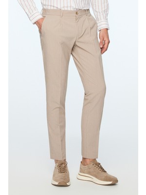 Morven  Erkek Bej Poliviskon Trend Desenli Slim Fit Lastikli Pantolon