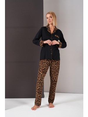 Pjs 26006 Kadın Patlı Boydan Düğmeli Leopar Desenli Uzun Kollu Pijama Takım
