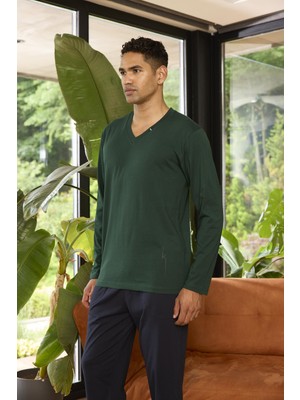 Kly 9269 Erkek V Yaka Rahat Kalıp Uzun Kollu Pijama Takım