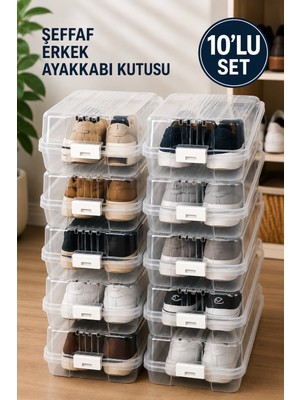 Funny Life 10'lu Erkek Ayakkabı Kutusu Set Şeffaf Kapaklı Düzenleyici Saklama Kutusu Organizer