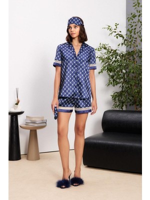 Pierre Cardin Kadın Saten Biyeli Kısa Kol Şort Kutulu Pijama Takımı Göz Bandı ve Toka Hediyeli